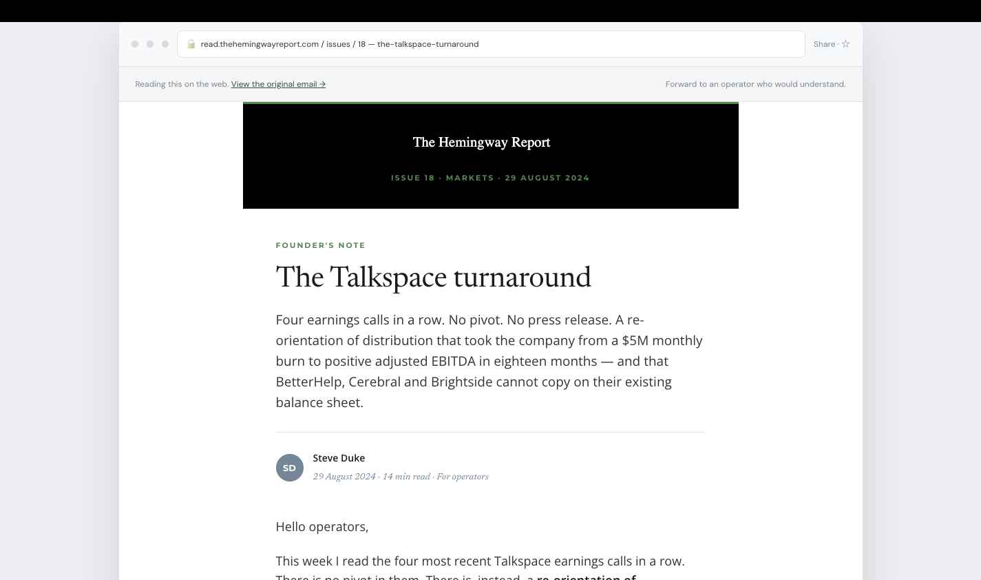 Newsletter web view of the Talkspace turnaround