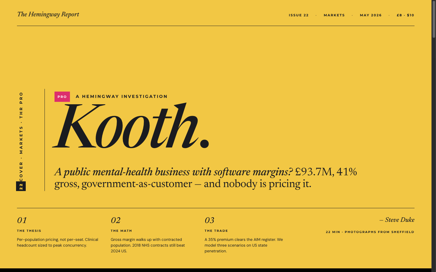 Option 2 hero — full-bleed yellow cover with massive italic Kooth headline and Bloomberg-style magazine pricing